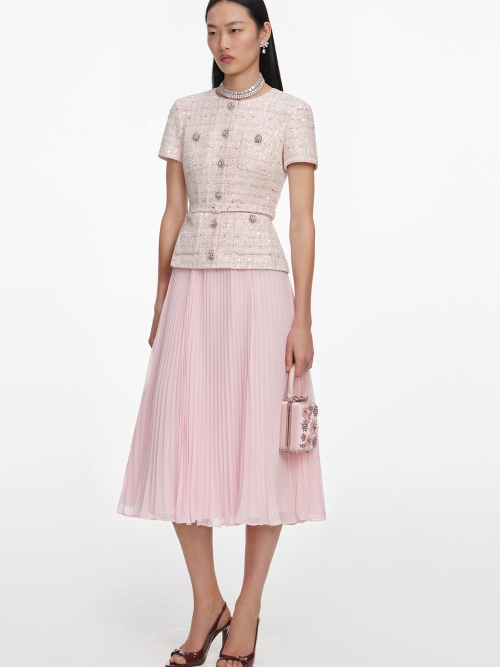 Self-Portrait NWOT PINK SEQUIN BOUCLE TAILORED MIDI DRESS - Picture 4 of 12